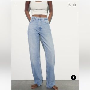 Zara EXTRA LONG TRF HIGH RISE WIDE LEG JEANS in Light Blue